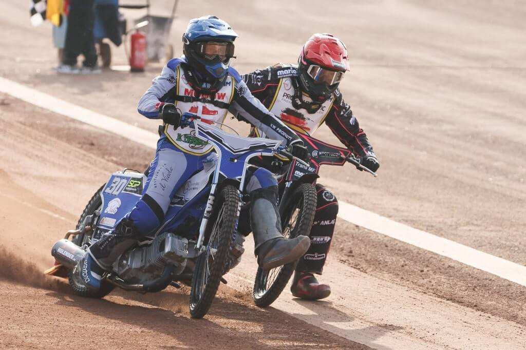 Danish ace Leon Madsen (left) battled his way back into Speedway GP. PHOTO: Jarek Pabijan